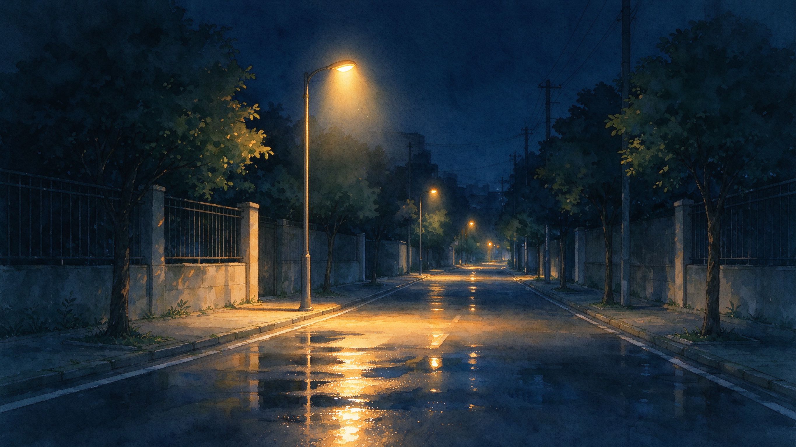 深夜的街道，路灯把影子拉得很长