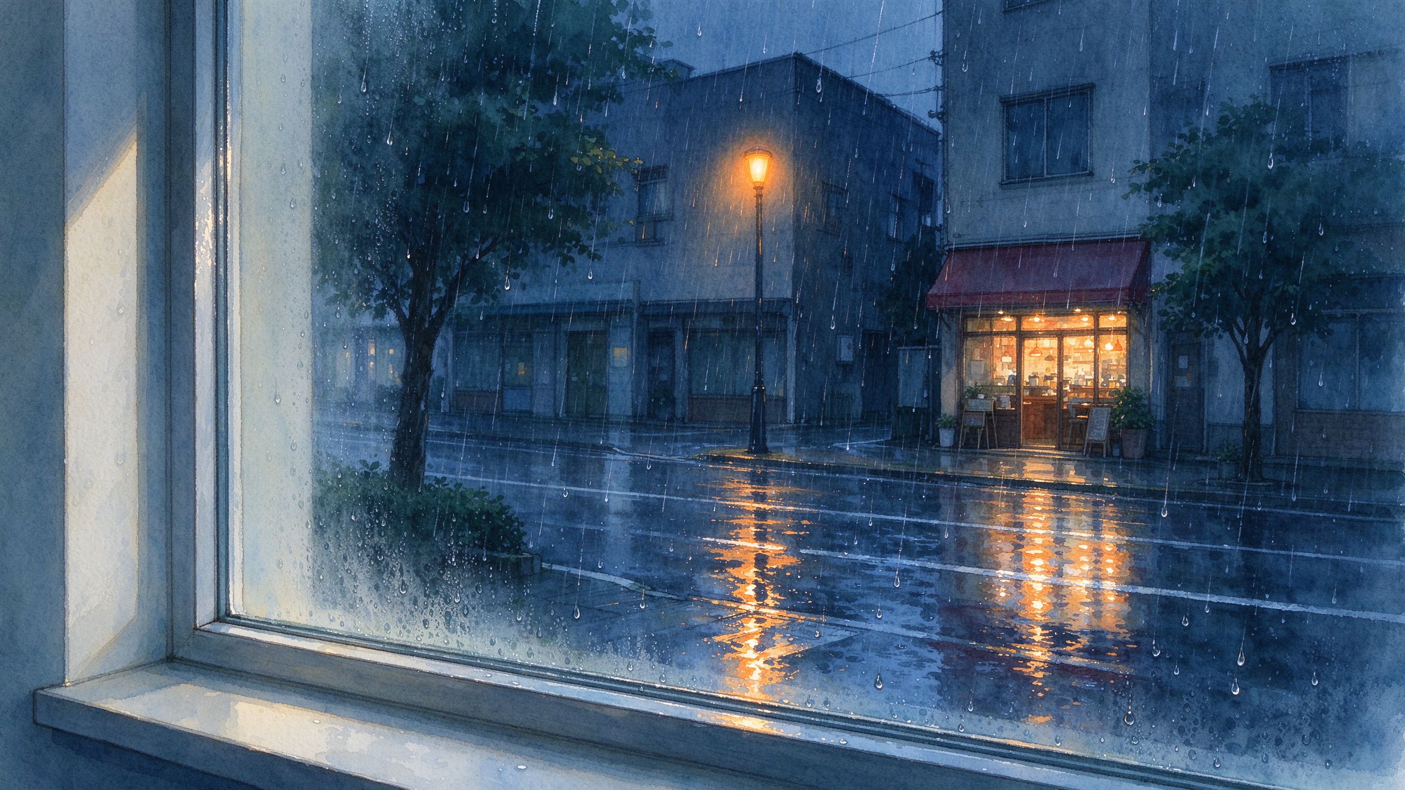 雨夜趴在窗台，看整条街被雨泡软了